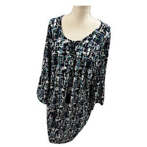Avenue Women’s Plus Size 22/24 Abstract Print Dress with Bell Sleeves Blue Black